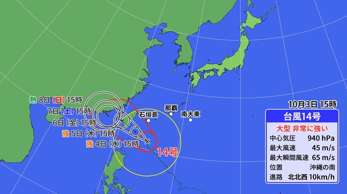 【台風情報】非常に強い台風14号　4日に八重山地方接近も『暴風警報は発表されない見通し』　　|　沖縄のニュース｜RBC 琉球放送