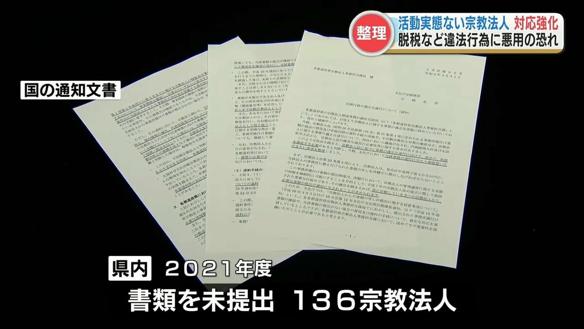 活動実態がない」宗教法人への対応を強化 書類を提出していない136