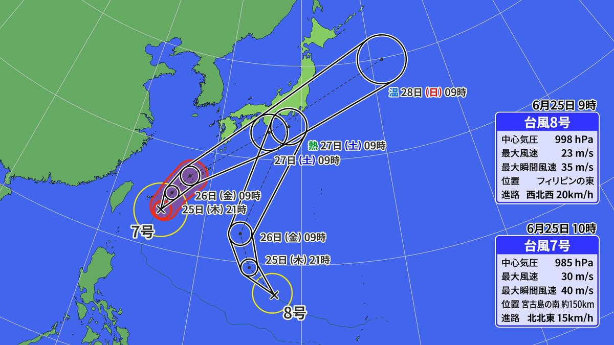 ダブル台風は週末 東京など関東･東海に立て続けに影響か？警報級大雨･暴風おそれ 台風7号･8号 雨･風シミュレーション 気象情報・台風情報