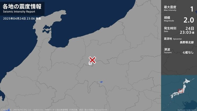 松川村で震度1の地震　長野県北部で震度1以上は21日以来　5弱の地震以降では62回目に|TBS NEWS DIG