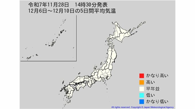 【2週間気温予報】全国的に向こう4日間程度は気温の高い日が多い予報　12月4日頃は低くなり6日頃からは平年並の日が多い見込み　全国の天気を画像で　気象庁|TBS NEWS DIG