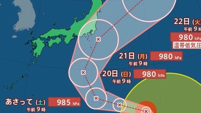 【台風情報】大型の「台風25号」は21日に関東の南東に接近か...最大瞬間風速35m/s・中心気圧980hPa予想...関東甲信は「警報級大雨」のおそれ…雨風シミュレーション【気象庁17日12時45分発表】|TBS NEWS DIG