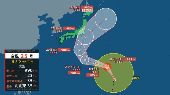 【台風情報】大型の台風25号(ドゥージェン) シルバーウィーク21日(月)「敬老の日」に関東や東海に近づくおそれ 警報級の雨・風・波の可能性も |TBS NEWS DIG