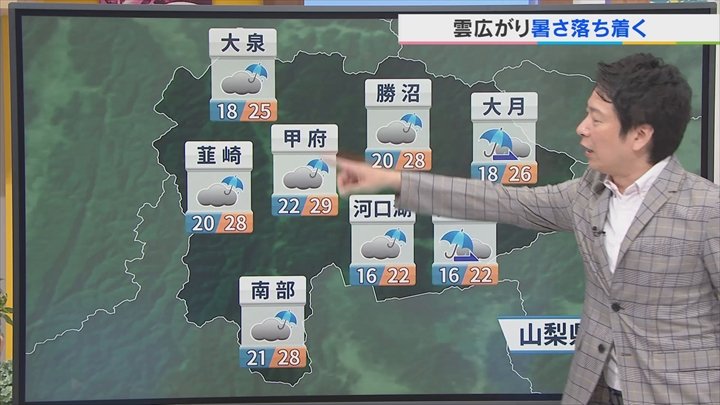 19日は前線の南下で雲広がり気温が大幅ダウン　標高の高い所では長袖の出番　米津龍一気象予報士が解説　山梨
