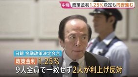 日銀 政策金利1.25%引き上げ決定も円安進む 委員2人の利上げ反対が影響か 植田総裁午後3時30分から記者会見 今後の利上げのペースは?|TBS NEWS DIG