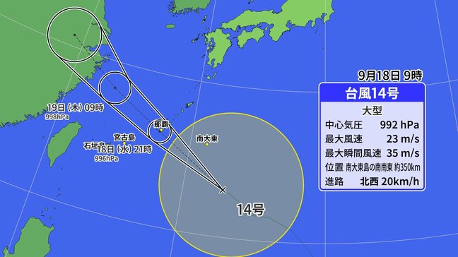 大型の台風14号が沖縄地方に接近 小中学校の一部が午後休校 はやい速度で接近し急激に強まる風雨に十分注意を|TBS NEWS DIG