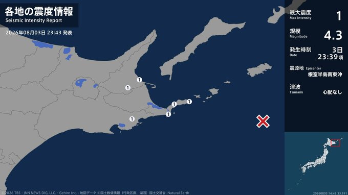 北海道で最大震度1の地震　北海道・浜中町、中標津町、標津町、根室市|TBS NEWS DIG