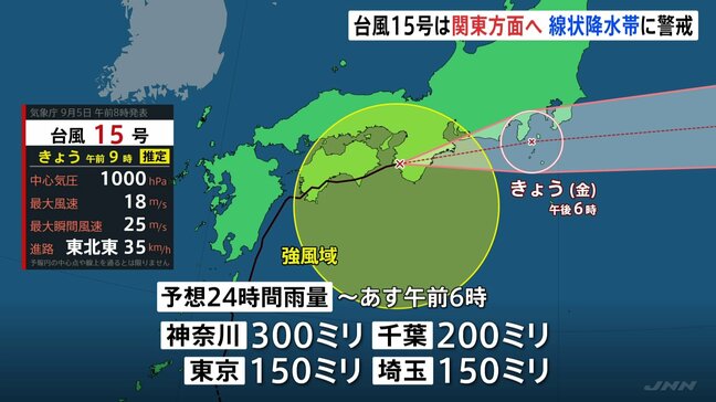 【台風15号】午後関東に最接近か　東京・神奈川・千葉・埼玉・茨城で線状降水帯発生のおそれ　大雨災害に警戒|TBS NEWS DIG
