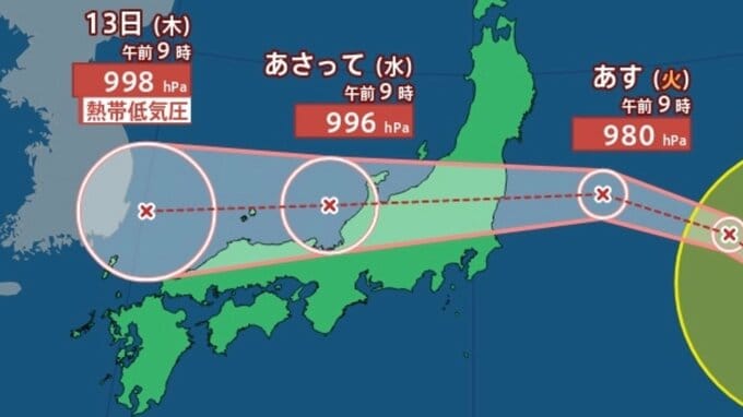 【台風情報】最大瞬間風速30 m/s、990 hPa「台風15号（チャンホン）」11日～13日にかけてお盆の列島横断か...今後の進路は？20日(木)までの雨・風シミュレーション【気象庁10日午前9時45分発表】|TBS NEWS DIG