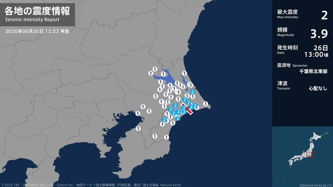 茨城県、千葉県で最大震度2の地震　茨城県・神栖市、千葉県・東金市、旭市、匝瑳市、香取市、山武市、多古町|TBS NEWS DIG