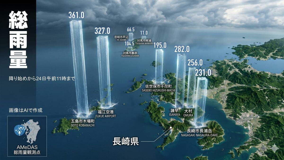 大雨情報】五島で300ミリ超 降り始めから午前11時までの総雨量（長崎