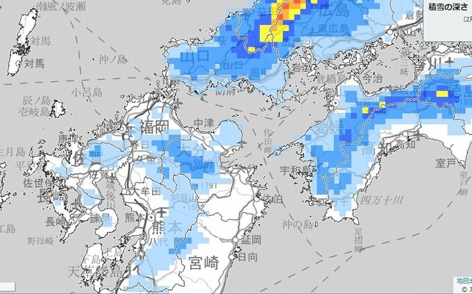 【大雪情報】九州北部は平地でも大雪に…山口県は警報級の大雪となる可能性　山陽南部の平地でも積雪か　、四国では平地でも大雪に…【雪と雨のシミュレーション】|TBS NEWS DIG
