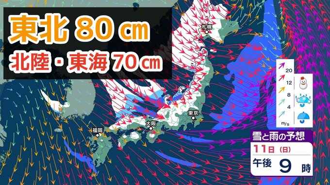 【大雪情報】強い冬型の気圧配置の影響　12日（月）にかけて北日本から西日本で大荒れ「暴風・猛吹雪・高波に警戒」　東北80㎝、北陸・東海70㎝の降雪予想 【気象庁 雪風シミュレーション/11日】|TBS NEWS DIG
