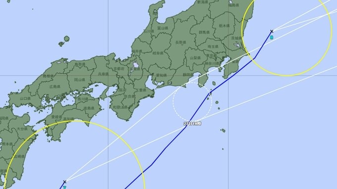 【ダブル台風情報】北上中の「台風7号（メーカラー）」「台風8号（ヒーゴス）」の最新進路 前線を刺激し長時間の大雨に警戒 雨風シミュレーションで確認【気象庁27日午前9時更新】 　|TBS NEWS DIG