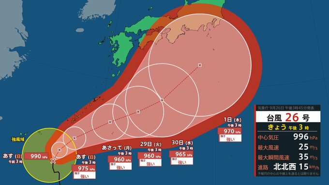 【台風情報】「台風26号(スリゲ)」また本州に影響の可能性も…最大瞬間風速60m/s  10月6日までの雨風シミュレーション【気象庁26日午後3時45分発表】|TBS NEWS DIG
