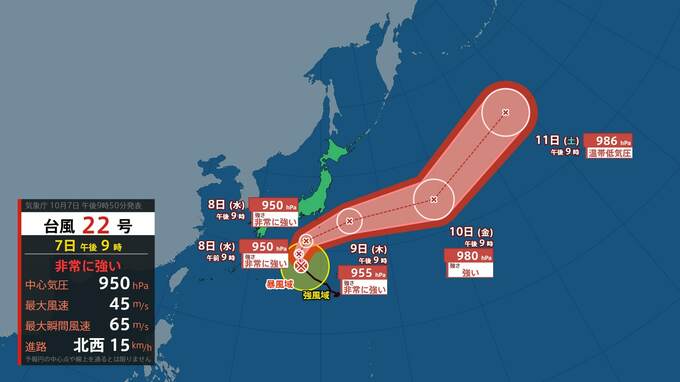 【台風22号(ハーロン）】9日夜まで “非常に強い” 勢力維持の見込み　伊豆諸島に接近か　最大瞬間風速65mの予測…10日夜には日本のはるか東へ【雨と風のシミュレーション】　|　富山のニュース｜天気・防災｜チューリップテレビ