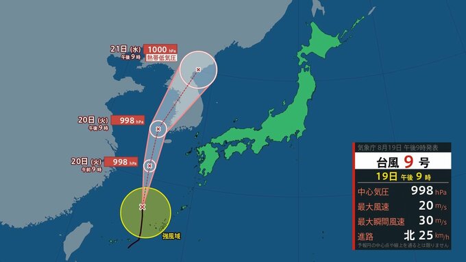 【台風最新情報】ノロノロ台風９号が北上中　東シナ海を進み朝鮮半島へ接近か【進路の最新シミュレーション】|TBS NEWS DIG