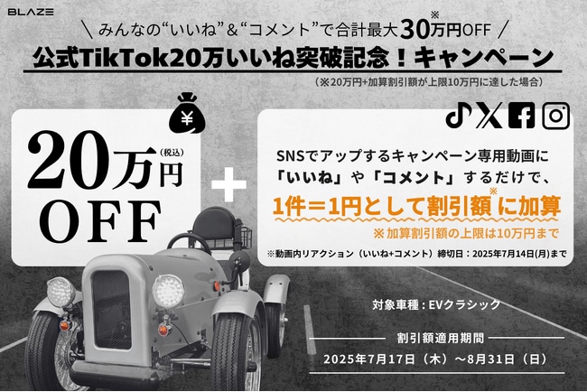 【”いいね”と”コメント”で合計 最大30万円OFF！】(株)ブレイズの「EVクラシック」対象の参加型キャンペーン開催！|TBS NEWS DIG