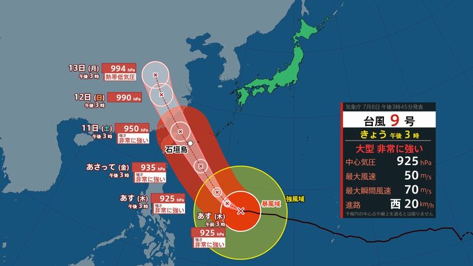 【台風情報】大型で非常に強い台風9号(バービー)　沖縄地方では9日から大しけのおそれ　10日から11日頃は勢力維持したまま先島諸島にかなり接近する見込み【雨雲シミュレーション8日～13日】|TBS NEWS DIG