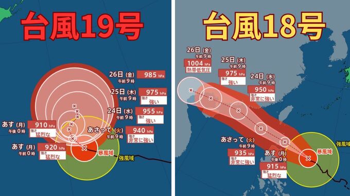 【ダブル台風】非常に強い「台風18号」沖縄地方は高波に注意を　猛烈な「台風19号」最大瞬間風速80mのおそれも　16日間の天気シミュレーション【気象庁 台風情報 今後の台風進路は？21日午後2時更新】|TBS NEWS DIG