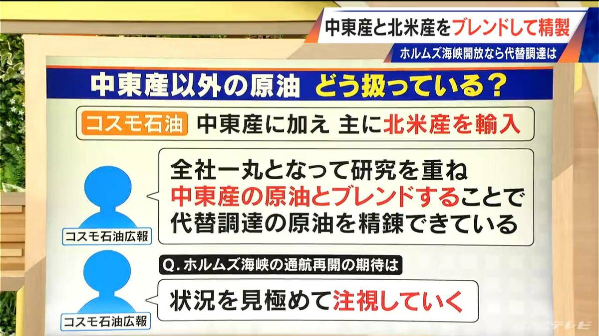 ホルムズ海峡封鎖で日本 中東産以外の原油調達探る 来月代替調達率100％に達する見込み 石油元売り大手「中東産と北米産をブレンドして精錬」ホルムズ海峡開放への期待は「状況を注視する」