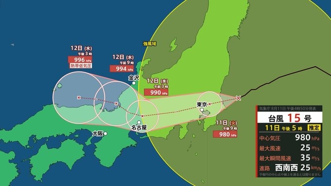 台風15号 石川県には11日夜から最接近 能登の沿岸では高潮に注意・警戒 大雨の可能性は低く|TBS NEWS DIG
