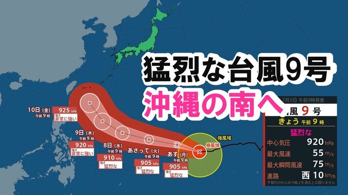 【台風】猛烈な台風9号　暴風域を伴って進む　沖縄の南へ進路をとるおそれ　中心気圧920ヘクトパスカル【雨と風シミュレーション】|TBS NEWS DIG