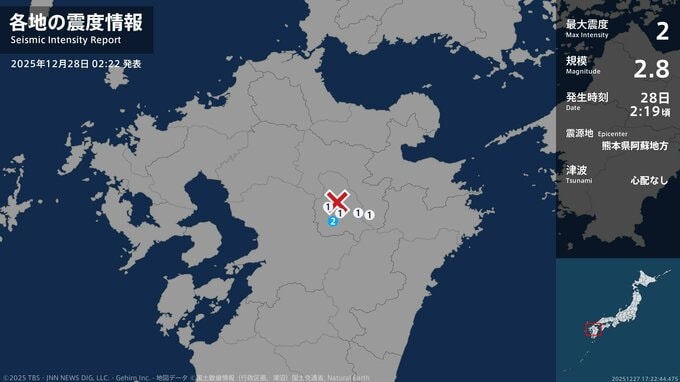 熊本県で最大震度2の地震　熊本県・南阿蘇村|TBS NEWS DIG