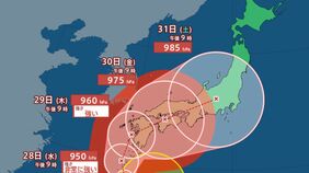 【台風情報最新・26日午後10時更新】「台風10号（サンサン）」どこへ？現時点ではあさって29日木曜日ごろ九州上陸か　その後、四国～中国～近畿～北陸の「横断ルート」に　今後の台風進路は？【全国各地の天気・雨・風シミュレーション】|TBS NEWS DIG