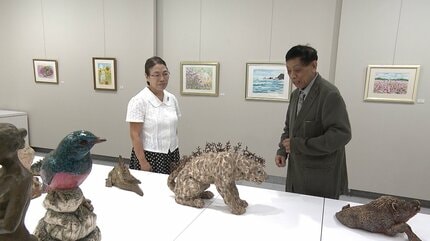 木村二朗「アブシンベルの石像」8号油彩,天才遺跡作家,荘厳,圧倒的な威厳 白備前」の木村玉舟さんと画家の守本智美さんが初めての二人展 備前市