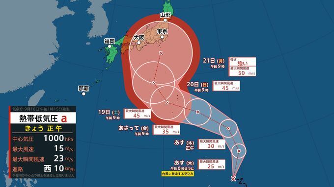 【台風情報】「台風25号」発生いつ？熱帯低気圧は12時間以内に台風に発達見込み　最大瞬間風速50m/s予想　シルバーウィークはどうなる？進路図、あさってまでの雨風シミュレーション、天気予想を画像で　|　山形のニュース│TUYテレビユー山形
