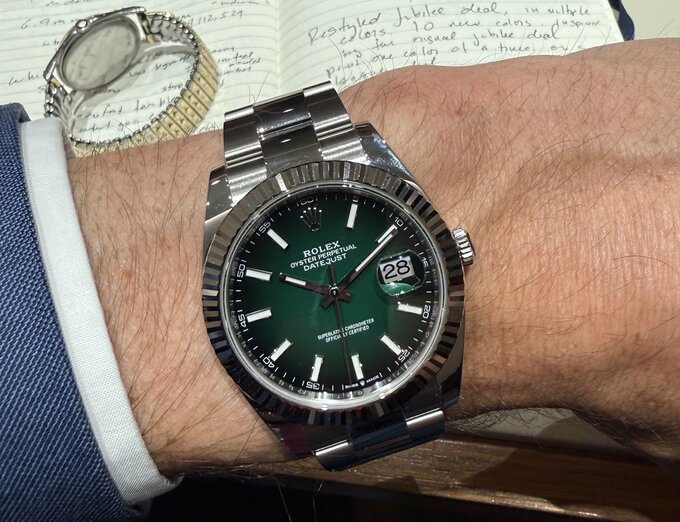     This Rolex Datejust is mostly the brands proprietary Oystersteel, but has a white gold bezel for a glint of added luxury.  Photographer: Chris Rovzar/Bloomberg     