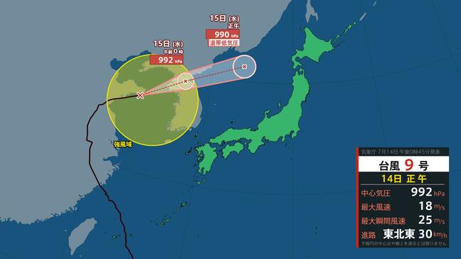 【台風情報】台風9号大きくカーブ15日(水)に日本海へ 温帯低気圧になった元台風の影響で北日本は大雨おそれ 台風11号は熱帯低気圧に【最新予想進路】|TBS NEWS DIG