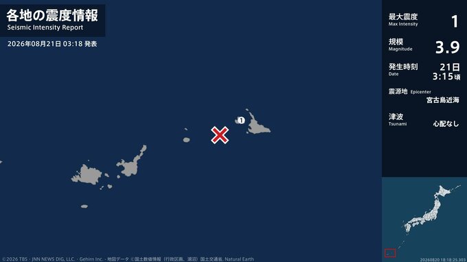 沖縄県で最大震度1の地震　沖縄県・宮古島市|TBS NEWS DIG