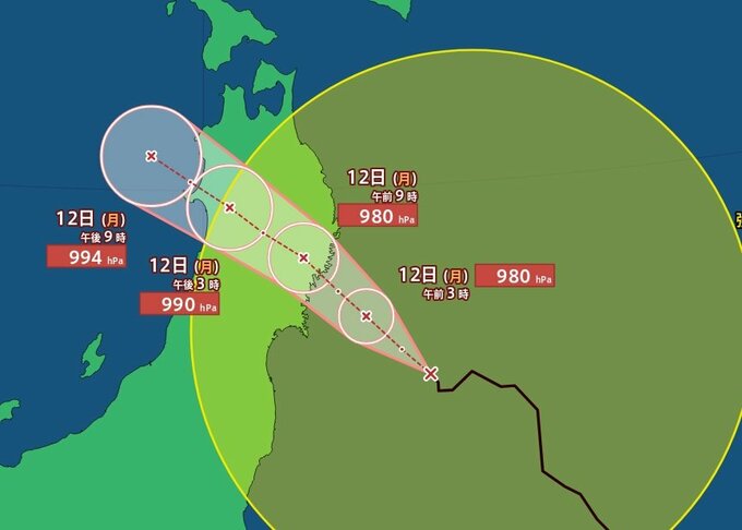 【台風最新情報　午後9時50分更新】台風5号　12日朝から昼前にかけて東北直撃の見込み…石巻市の東南東約200キロ　ゆっくりと西へ進行中　|　富山のニュース｜天気・防災｜チューリップテレビ