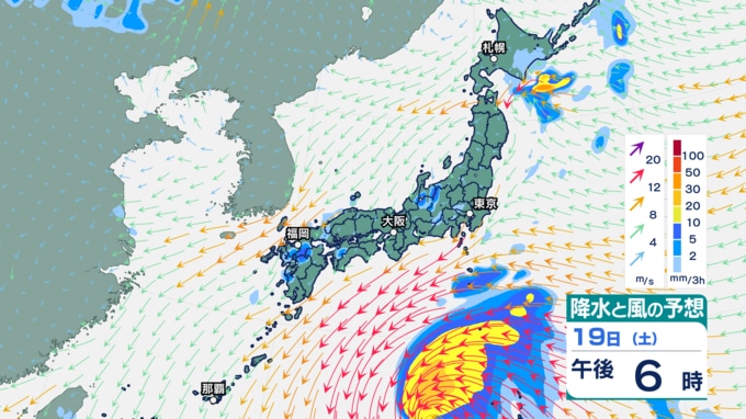 19日午後6時の降水と風の予想