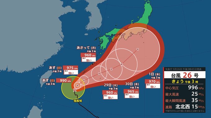 【台風情報(更新)】ノロノロ…急カーブした後はゆらゆらと… 台風26号(スリゲ) 沖縄から九州・四国・本州(近畿・関東など)にゆっくり接近の予報 最大瞬間風速60m/s“強い”勢力へ 雨と風のシミュレーション (気象庁26日午後3時45分発表)　|　山口のニュース・天気・防災｜tys NEWS｜ｔｙｓテレビ山口