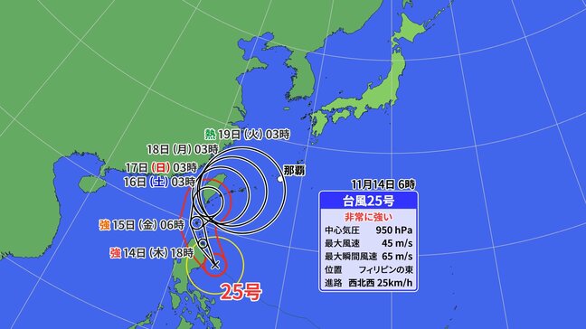 【台風情報】「非常に強い」勢力の台風25号(ウサギ) 週末に沖縄の南へ接近し“ほとんど停滞”か… 後を追う台風24号も複雑な動きの可能性【今後の進路と、雨風最新シミュレーション】|TBS NEWS DIG