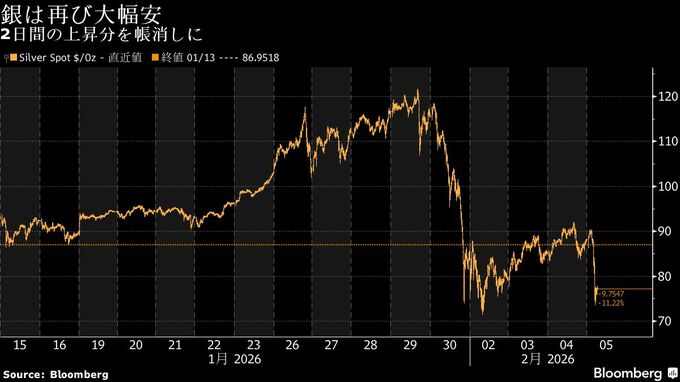 銀相場が一時17%急落、2日間の上げを帳消し－金も下落