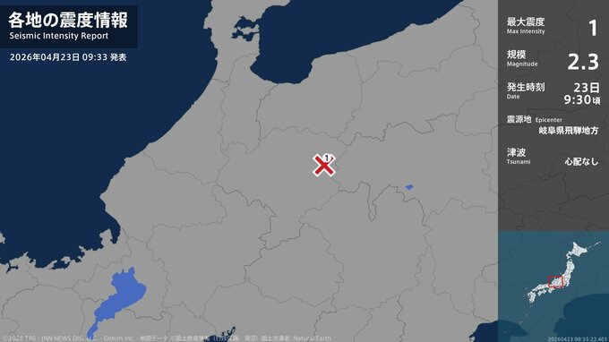 岐阜県で最大震度1の地震　岐阜県・高山市|TBS NEWS DIG