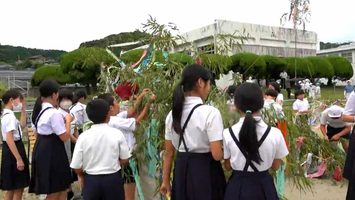 七夕 小学校に高さ10メートルの七夕飾り…願い乗せ風に揺れる 全校児童232人