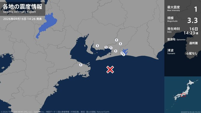 静岡県、愛知県、三重県で最大震度1の地震　静岡県・湖西市、愛知県・豊橋市、豊川市、蒲郡市、新城市、西尾市|TBS NEWS DIG