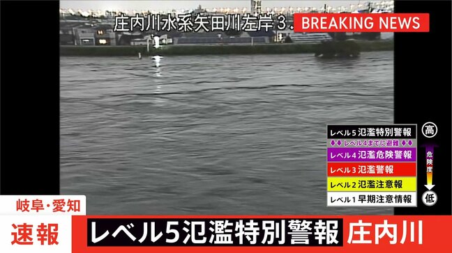 岐阜・愛知を流れる「庄内川」にレベル5氾濫特別警報　氾濫切迫　ただちに命を守る行動を　矢田川・瀬古（名古屋市）で氾濫発生水位に到達|TBS NEWS DIG