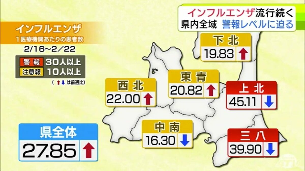 インフルエンザの流行続く 青森県内の患者数は5週連続で増加 全域で