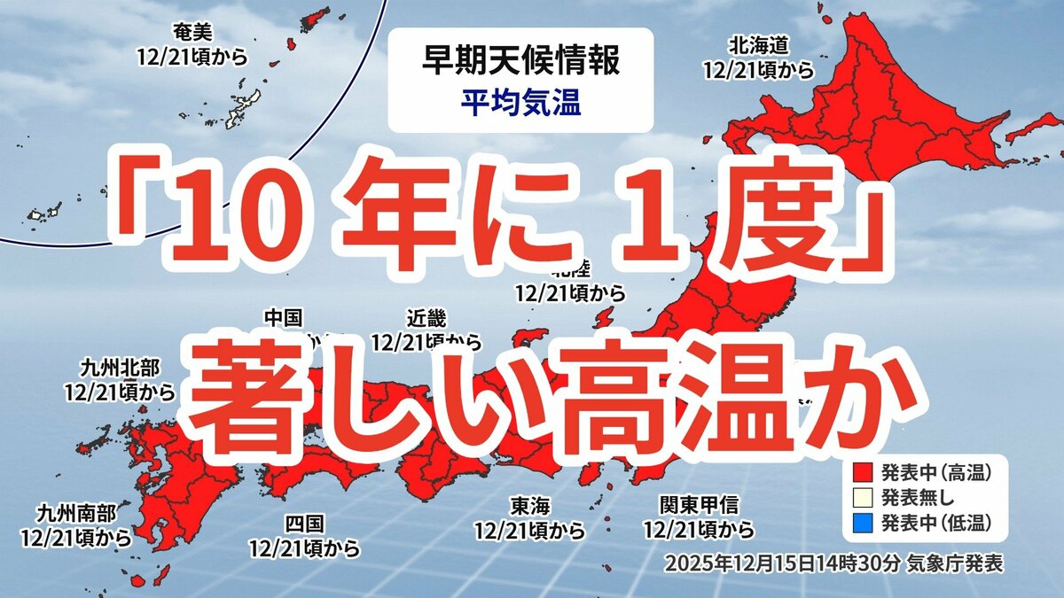 【日本列島が真っ赤…】10年に1度の著しい高温か　21日（日）から「かなり気温が高くなる見込み」全国的に平年より5度以上高い日も【気象庁 15日発表】