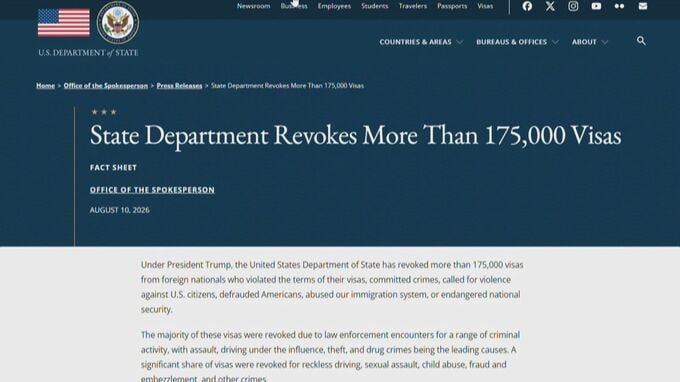 トランプ政権「安全を脅かす外国人を特定」ビザ取り消し17万件超に