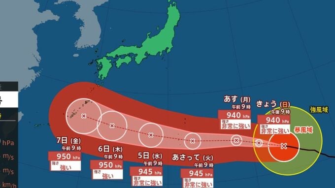 【台風13号（ドルフィン）】最大瞬間風速65 m/s、中心気圧940 hPa　非常に強い勢力で南鳥島の近海を進行中... 今後の進路は？雨・風シミュレーション【気象庁2日午前9時45分発表】|TBS NEWS DIG