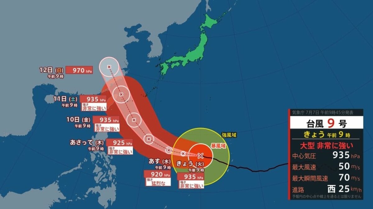 台風9号】「非常に強い」勢力で沖縄の南へ 7日午前9時現在、マリアナ