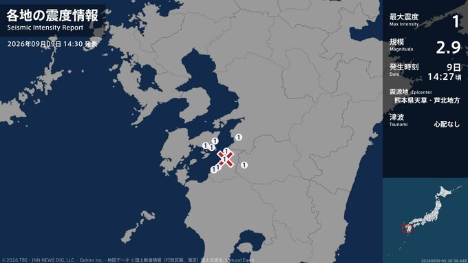 熊本県で最大震度1の地震　熊本県・八代市、球磨村、水俣市、上天草市、天草市、芦北町、津奈木町|TBS NEWS DIG