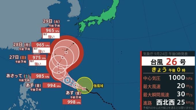 【台風情報】急カーブか？最大瞬間風速55m/s予想「台風26号(スリゲ)」…10月4日までの雨風シミュレーション【気象庁24日12時45分発表】|TBS NEWS DIG